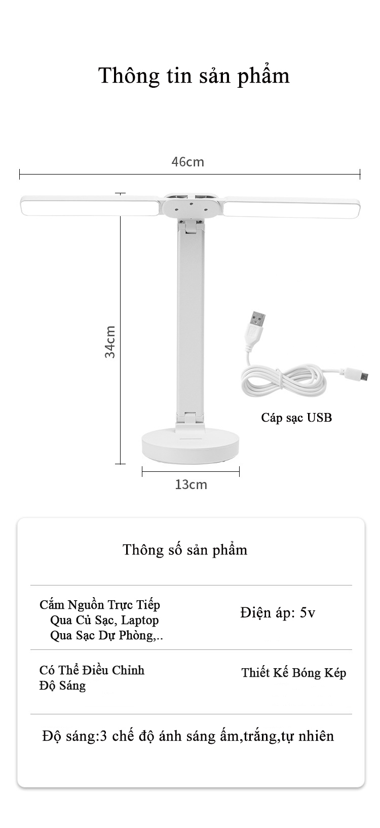 Đèn Bàn Học Đọc Sách, Làm Việc, Thiết Kế Sáng Tạo Với 2 Thanh Led Rời, Chống Cận Thị Cho Học Sinh, Sinh Viên, Văn Phòng, Cắm Điện Trực Tiếp - Hàng Chính Hãng KUNBE