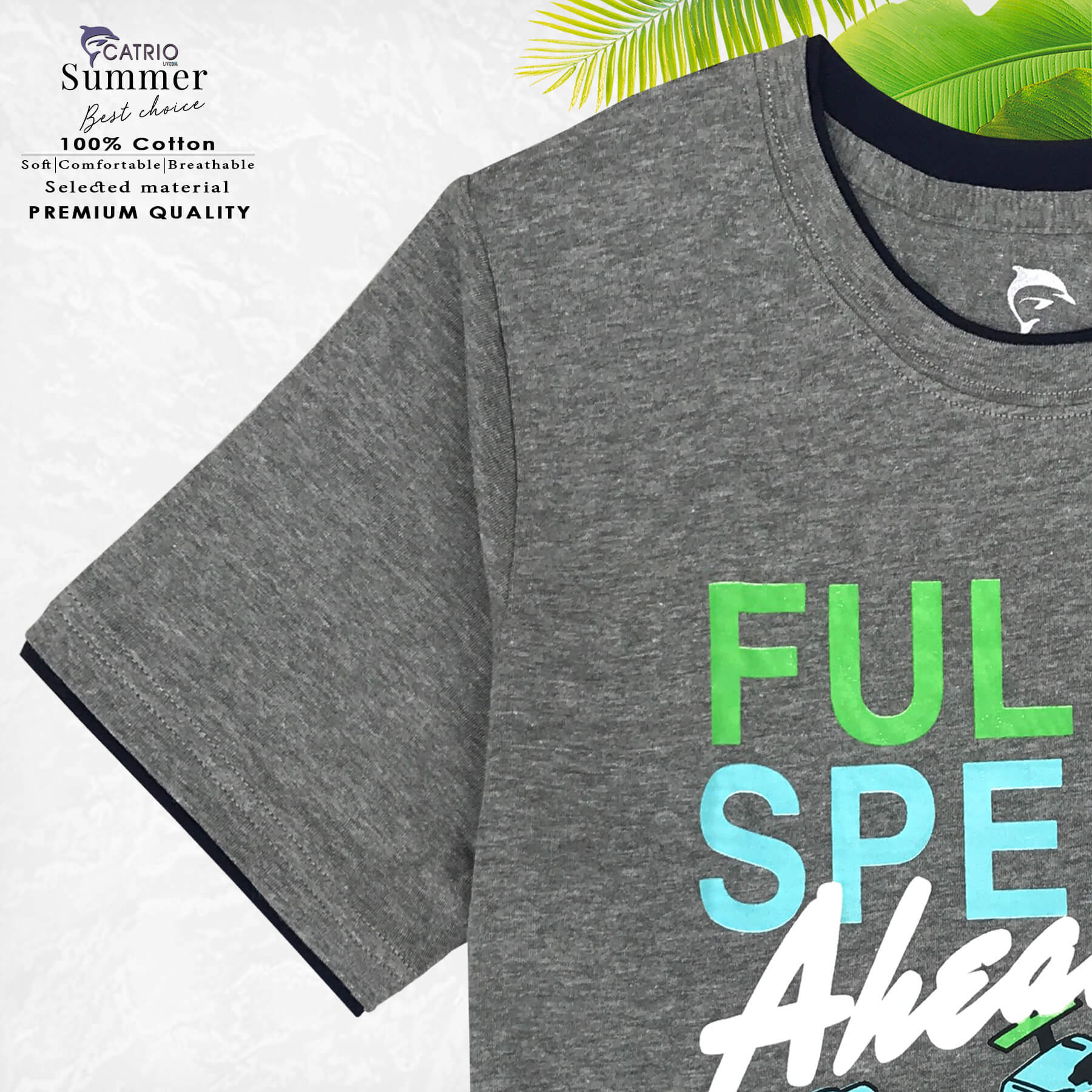 ÁO PHÔNG BÉ TRAI NGẮN TAY CATRIO là áo thun trẻ em tay ngắn từ 5 tuổi đến 12 tuổi vải 100% Cotton in FULL SPEED thuộc BST quần áo trẻ em mùa hè CATRIO màu XÁM