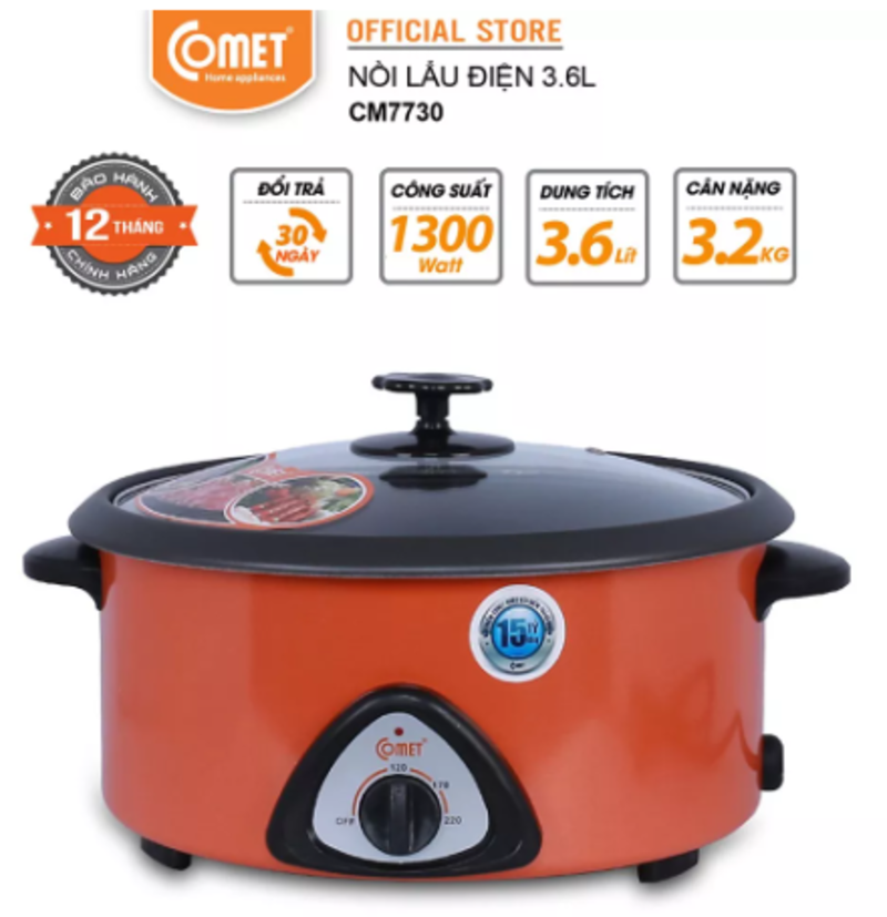 [Nhập CECAMP15KD5 giảm 15K] Nồi lẩu điện Comet CM7730 - Hàng chính hãng