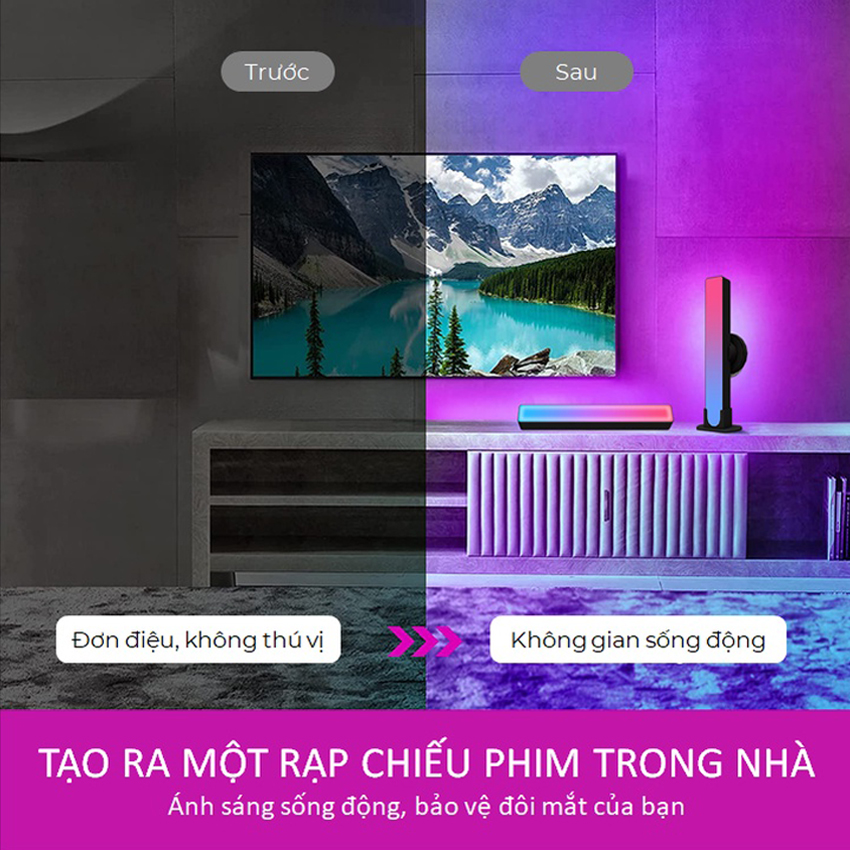 Thanh đèn LED RGB nháy theo nhạc thông minh cao 22cm cho máy tính, tivi đặt trong xe ô tô và decor phòng cực kì đẹp điều khiển qua giọng nói, có Pin dùng được 4 tiếng