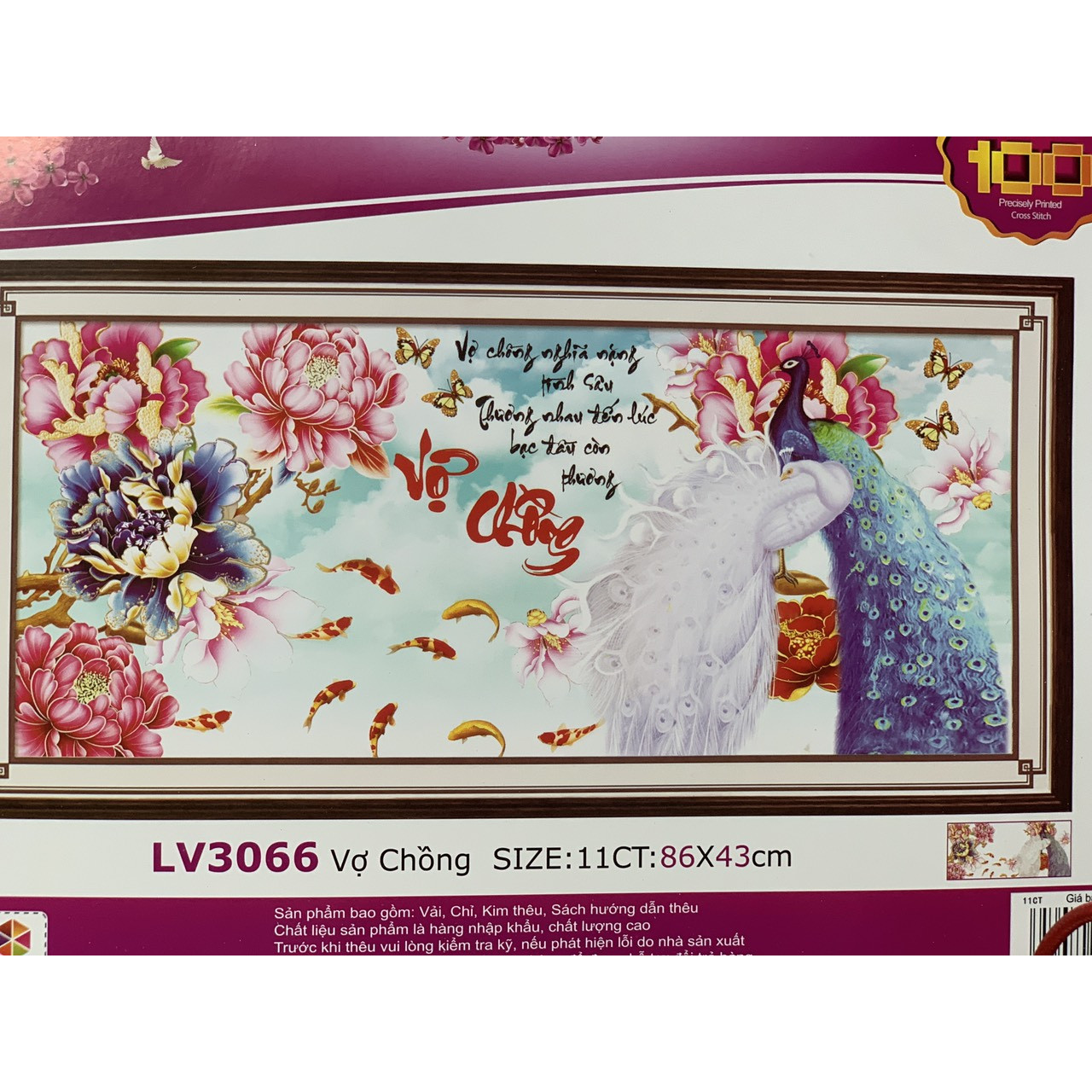 Tranh thêu chữ thập vợ chồng chim công hoa mẫu đơn LV3066 - 86 x 43 cm - chưa thêu