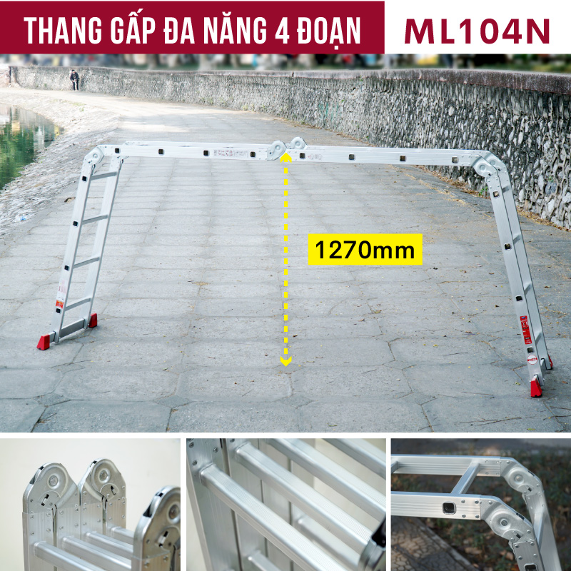 Thang nhôm gấp 4 đoạn đa năng FUJIHOME ML104N, cao chữ A 2.2m - chữ I 4,4 mét ,14 tư thế sử dụng , chốt khóa tự động, chân chống trơn trượt- Hàng chính hãng