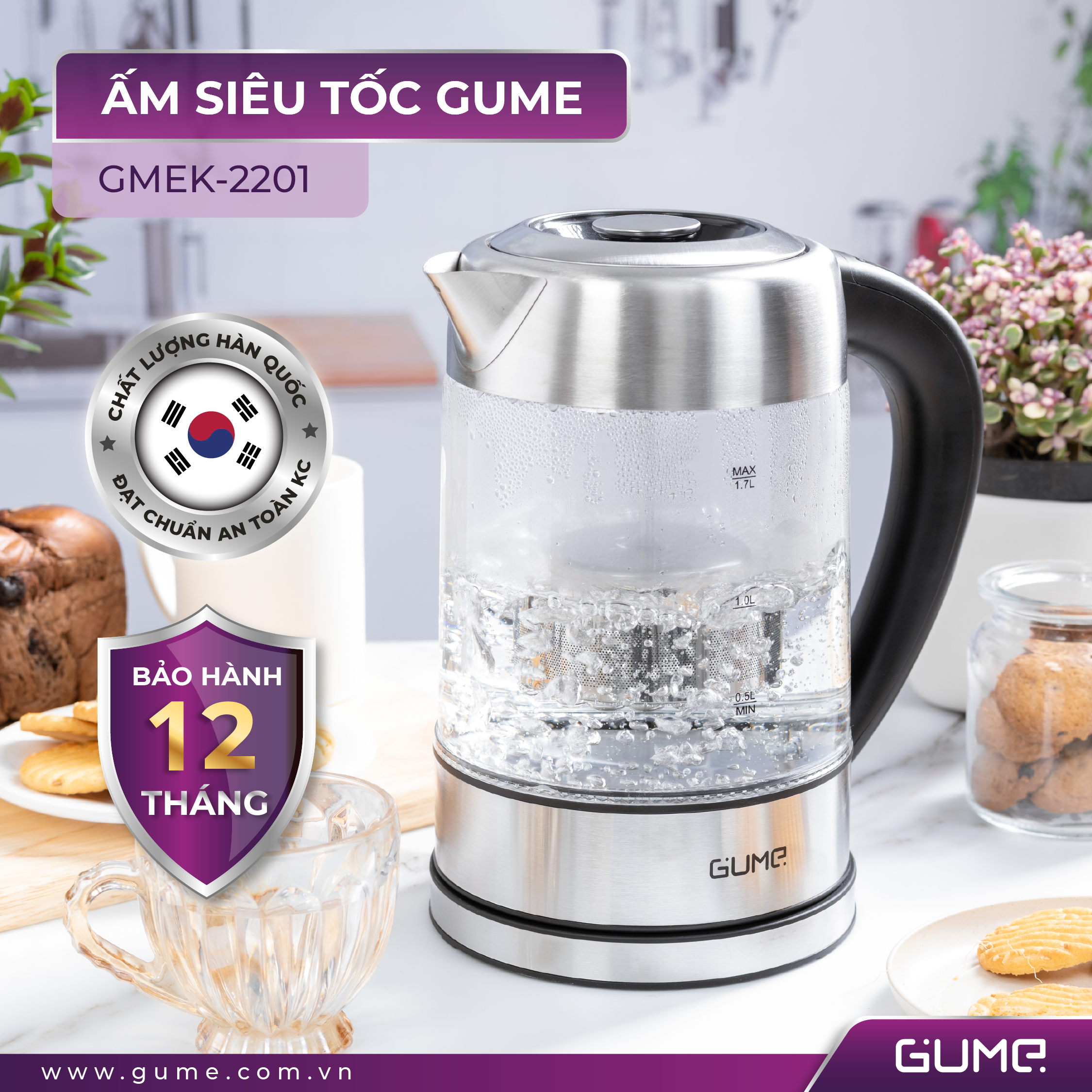 Ấm Đun Siêu Tốc Khử Clo GUME Thủy Tinh 1.7L - Hàng Nhập Khẩu Hàn Quốc