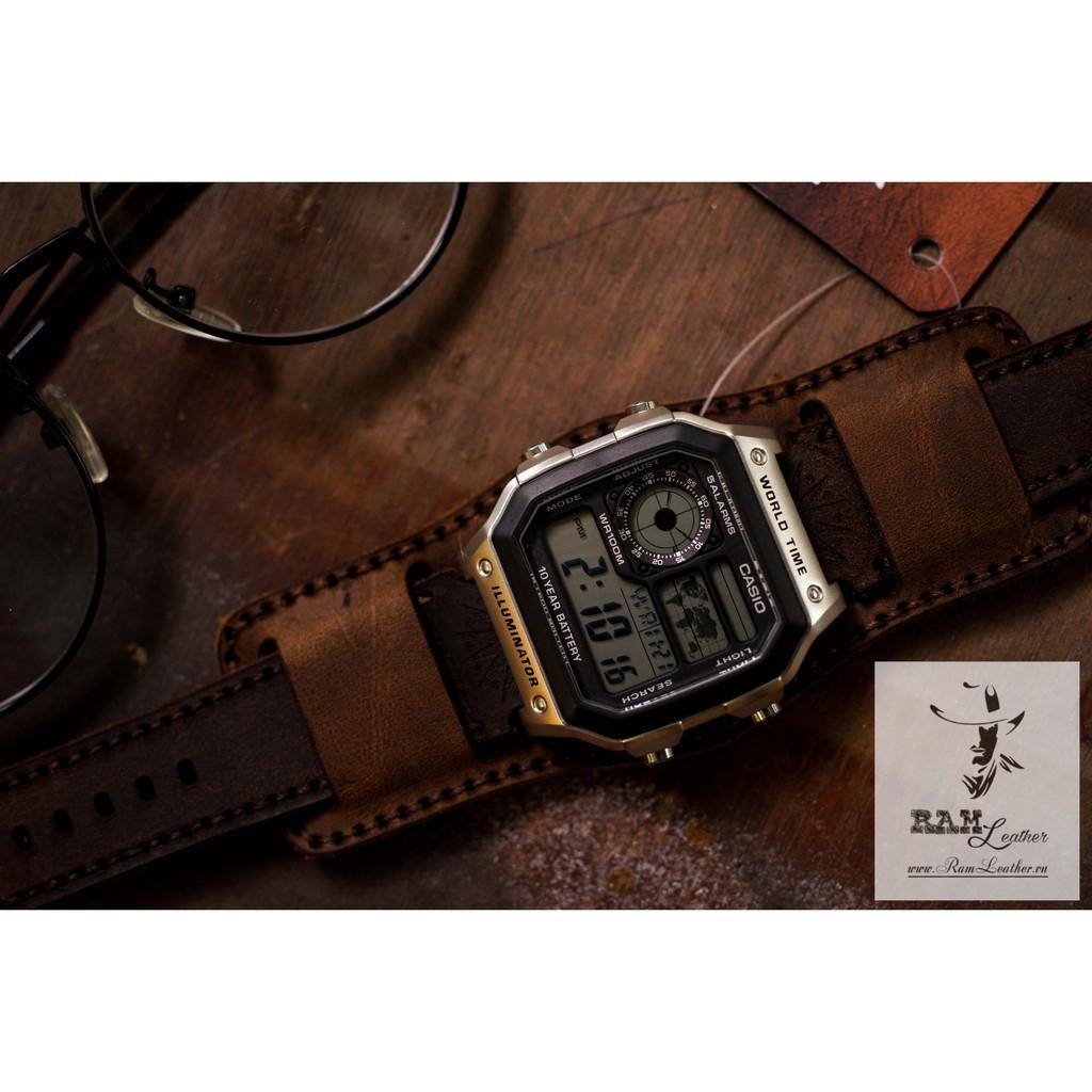 DÂY ĐỒNG HỒ TRỐNG ĐỒNG CASIO AE1200 DA BÒ THẬT BUNDSTRAP B2+DARK BROWN