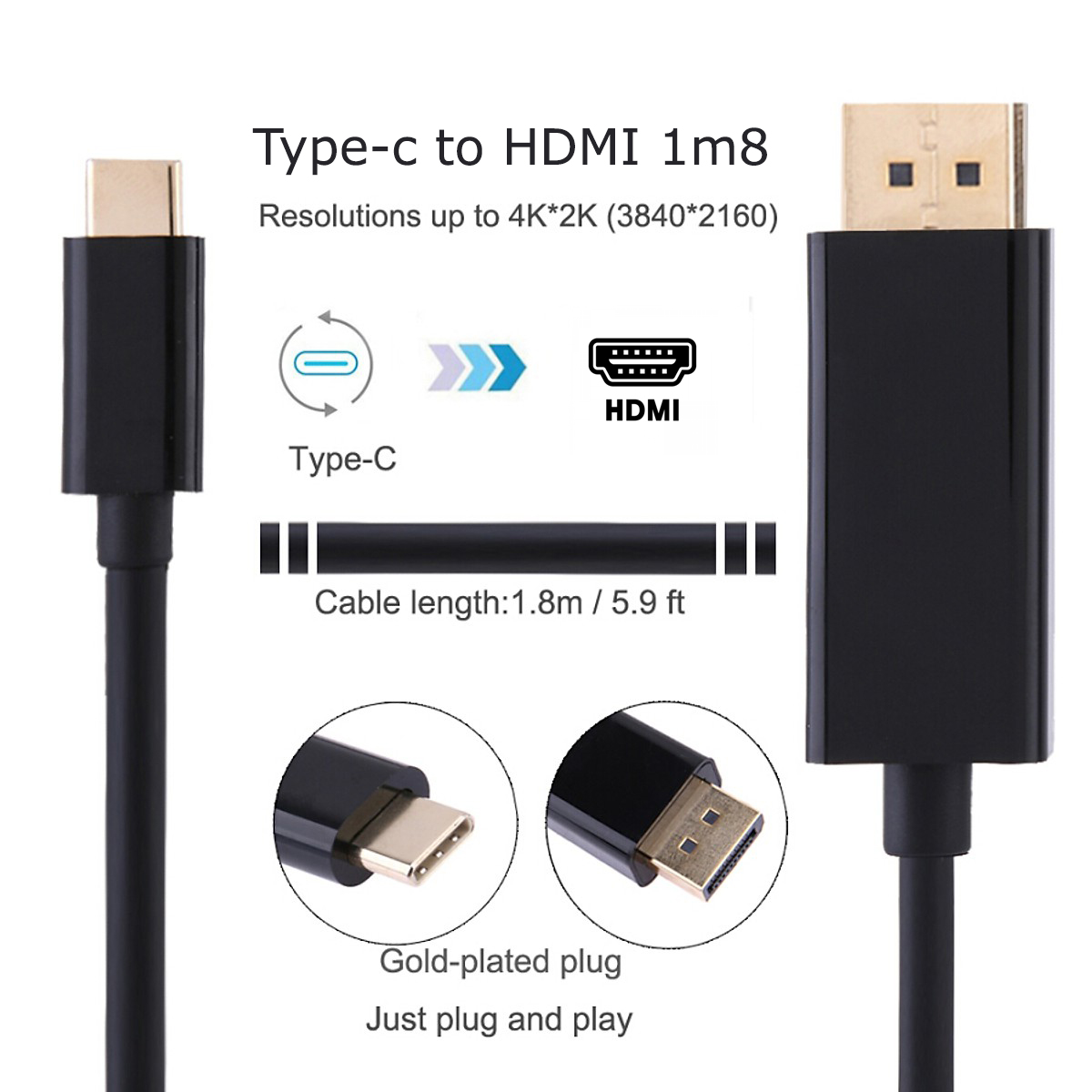 Cáp chuyển usb Type-c ra HDMI dài 1m8 cho Macbook, Surface, Dell, Samsung 