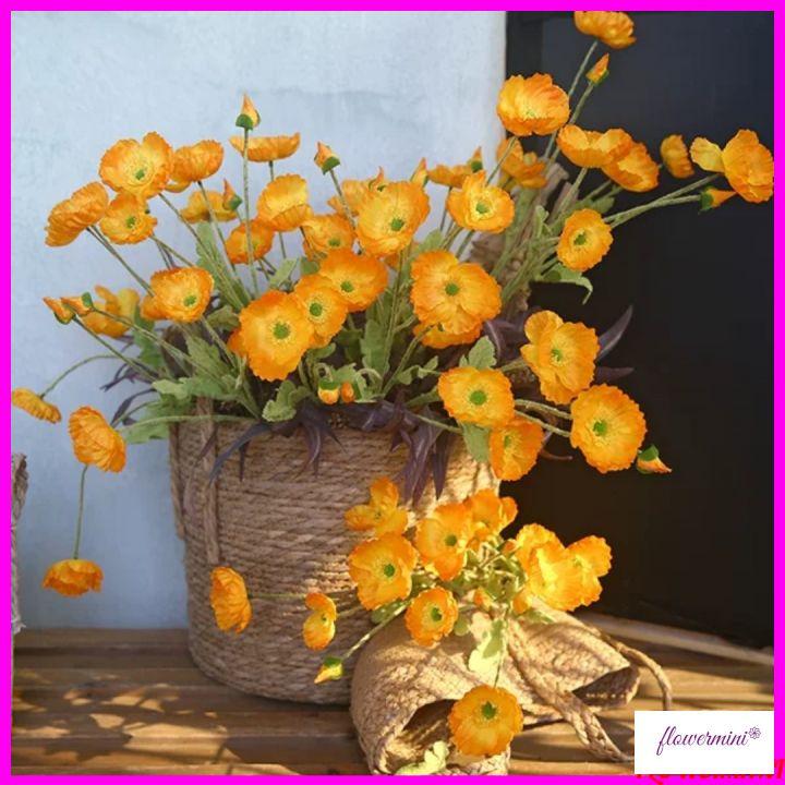 Hoa giả, cành hoa anh túc 3 bông trang trí nhà cửa dài 60cm Flowermini AT-01