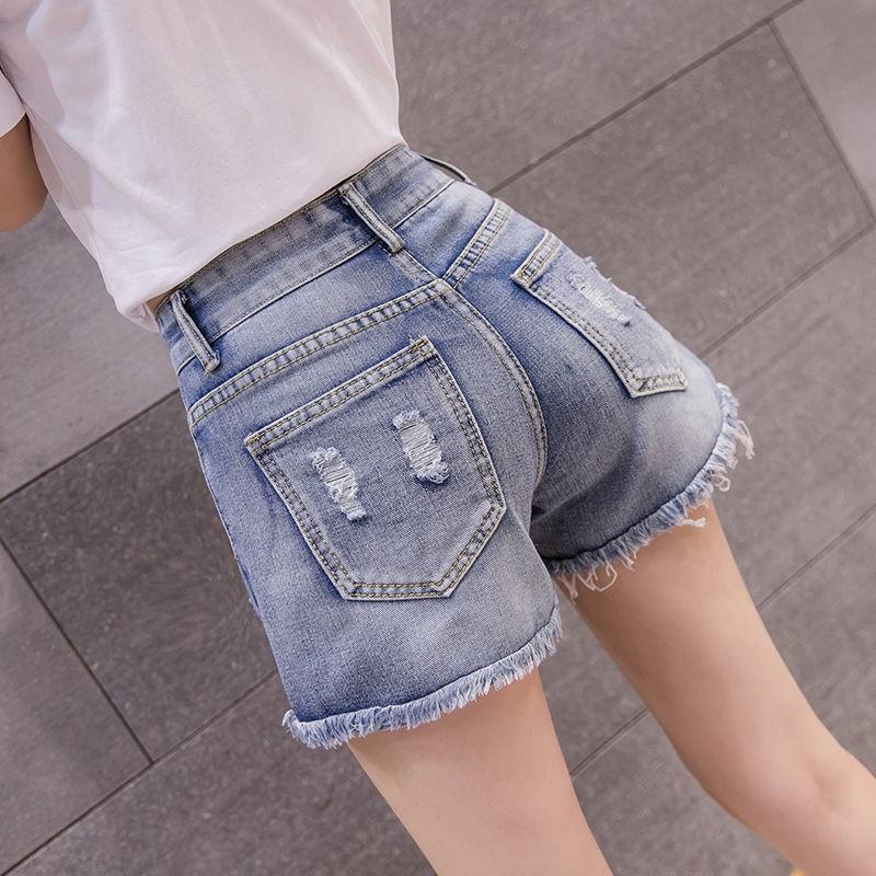 Quần Short Denim Siêu Mỏng Dáng Chữ a Ống Rộng Phối Rách Đính Hạt Cho Nữ