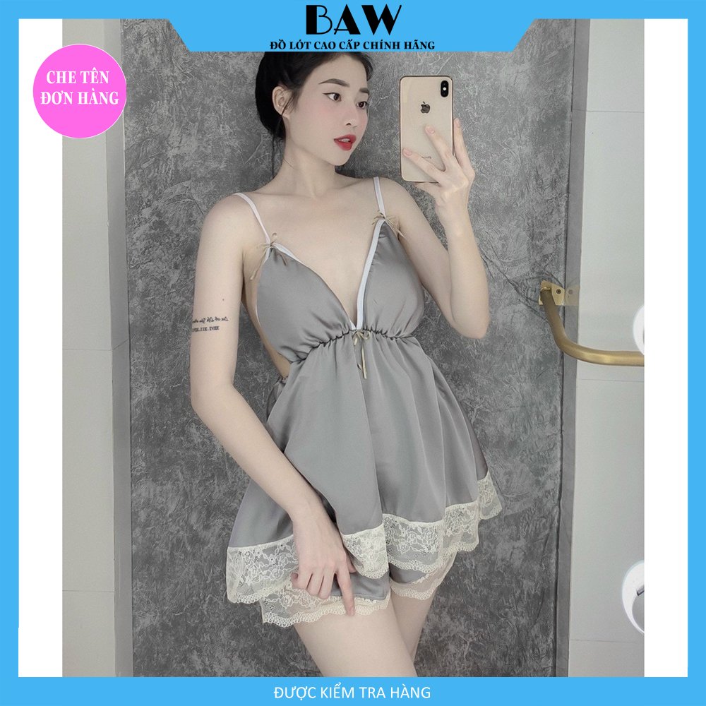 Đồ Ngủ Hai Dây Viền Ren Sexy Quyến Rũ Có Mút Ngực Thương Hiệu Baw, Chất Liệu Lụa Satin Mát Mịn DN1 (hình thật shop tự chụp