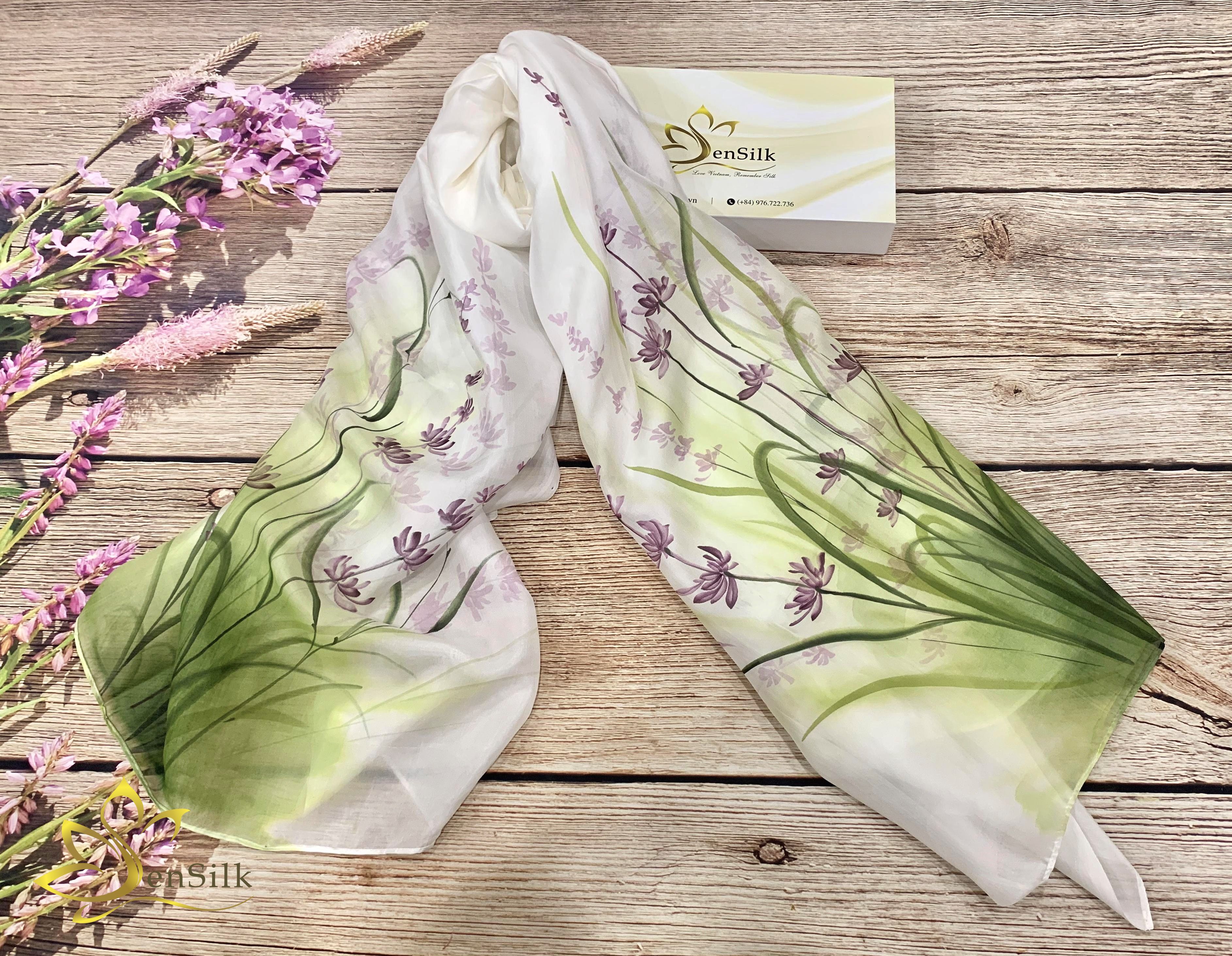 Hand Painted Silk Scarf - Khăn Lụa Cao Cấp Vẽ Tay Hoa Oải Hương SenSilk 160x55cm, Quà Việt Nam Tặng Khách Nước Ngoài