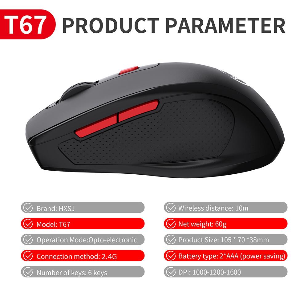 Chuột không dây HXSJ T67 BT3.0 / BT5.0 6 Chuột công thái học với DPI có thể điều chỉnh 3 mức cho PC