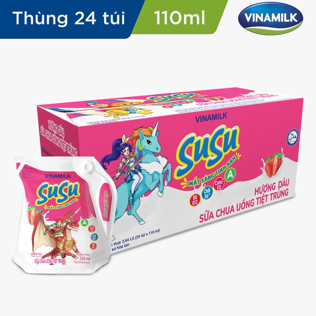 3 Thùng Sữa chua uống tiệt trùng hương Dâu Vinamilk Susu Túi 110ml 24 Túi/Thùng