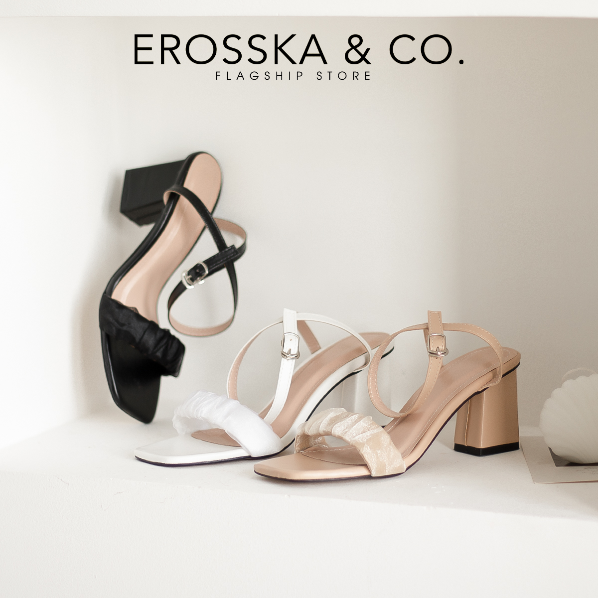 Erosska - Giày sandal cao gót nữ quai nhún lưới phối dây quai mảnh cao 7cm  - EB050