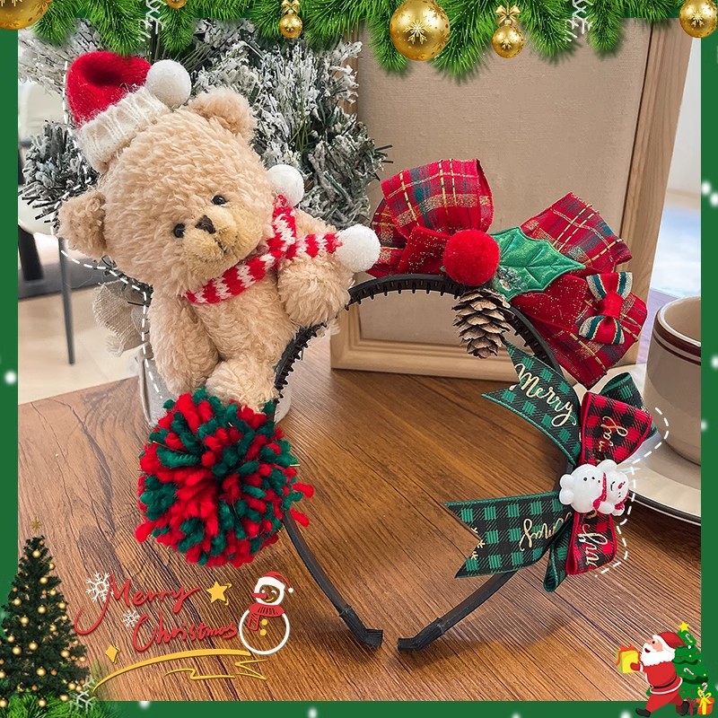Cài tóc giáng sinh gấu bông nâu dễ thương, băng đô Noel gấu 3d