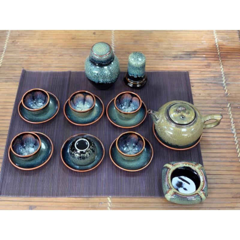 Bộ ấm chén Bát Tràng men hỏa biến xanh nâu