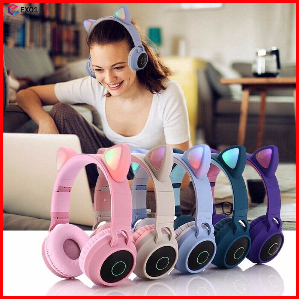 Tai Nghe Mèo Bluetooth Cao Cấp, Tai Nghe Không Dây Chơi Game Pin Trâu, Headphone Mèo Có mic, Chống Ồn, Đèn Led