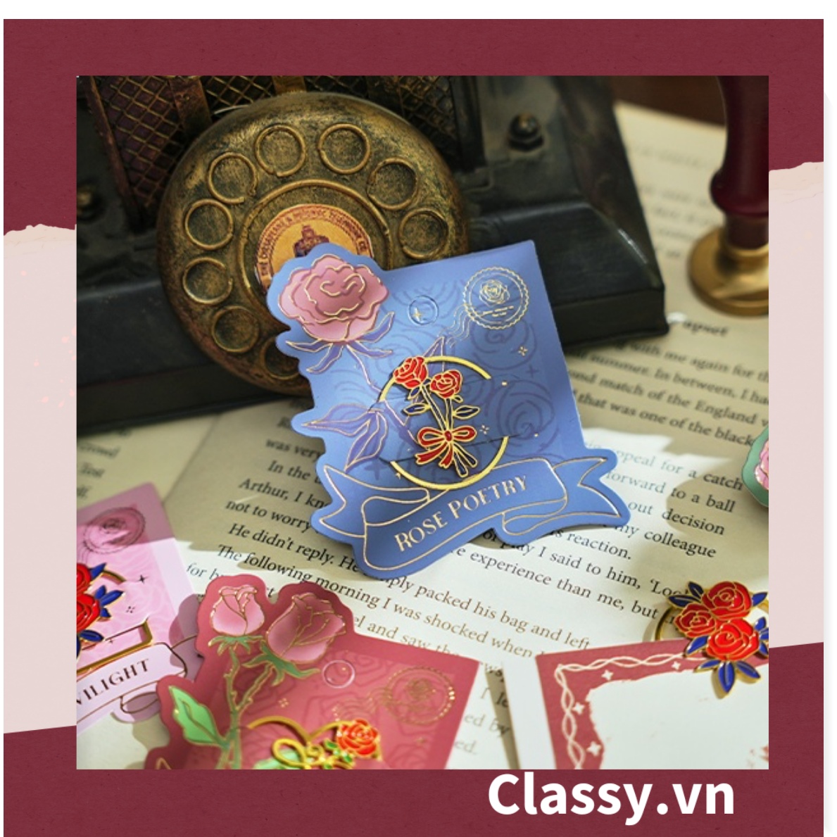 Bookmark /thẻ đánh dấu sách Hình Hoa Hồng vintage chất liệu Kim Loại đánh Dấu, đục lỗ tròn có thể gắn thêm ruy băng PK1793