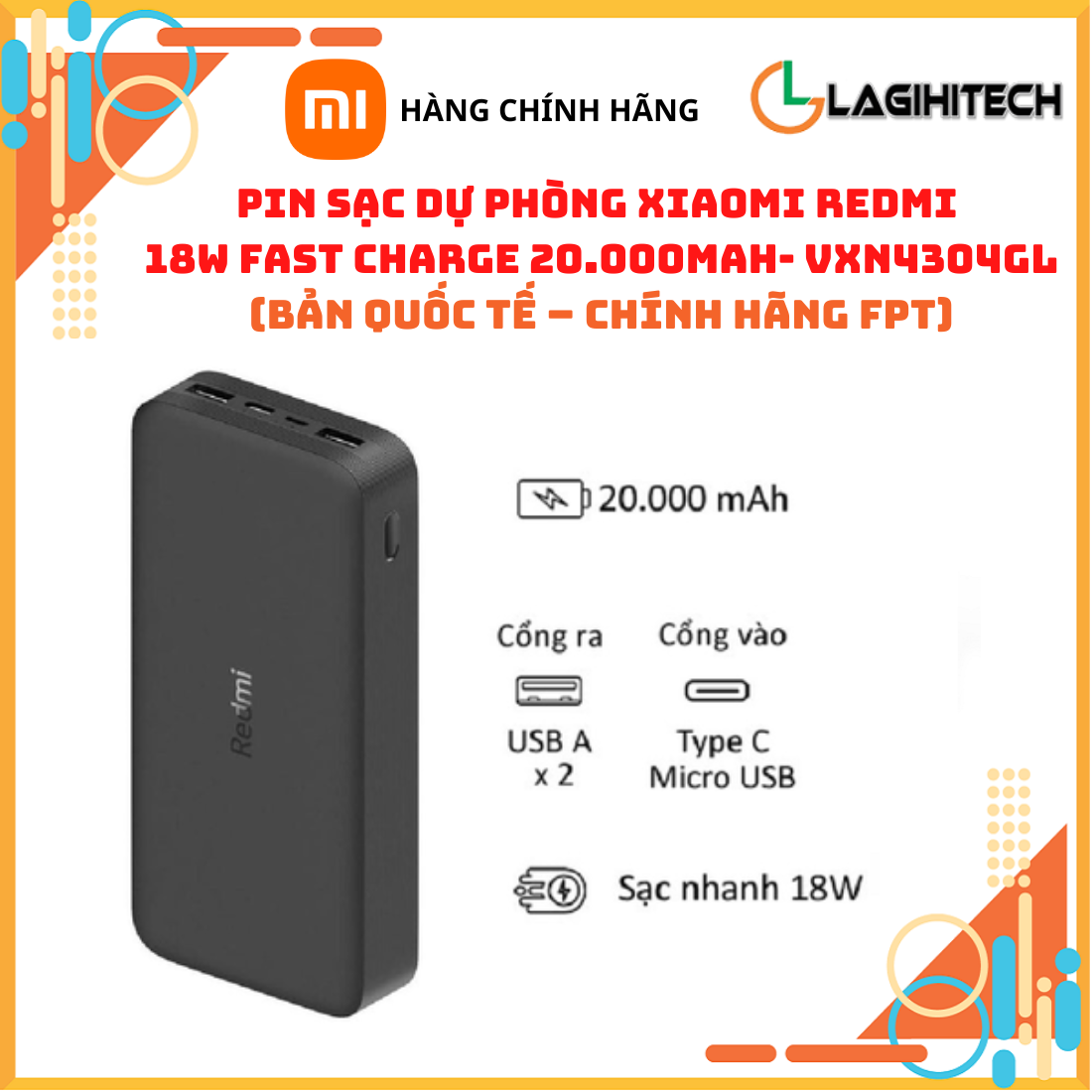 Pin Sạc Dự Phòng Xiaomi Redmi 20000mAh PB200LZM Tích Hợp Cổng USB Type - C In Hỗ Trợ Sạc Nhanh 18W - Hàng Chính Hãng