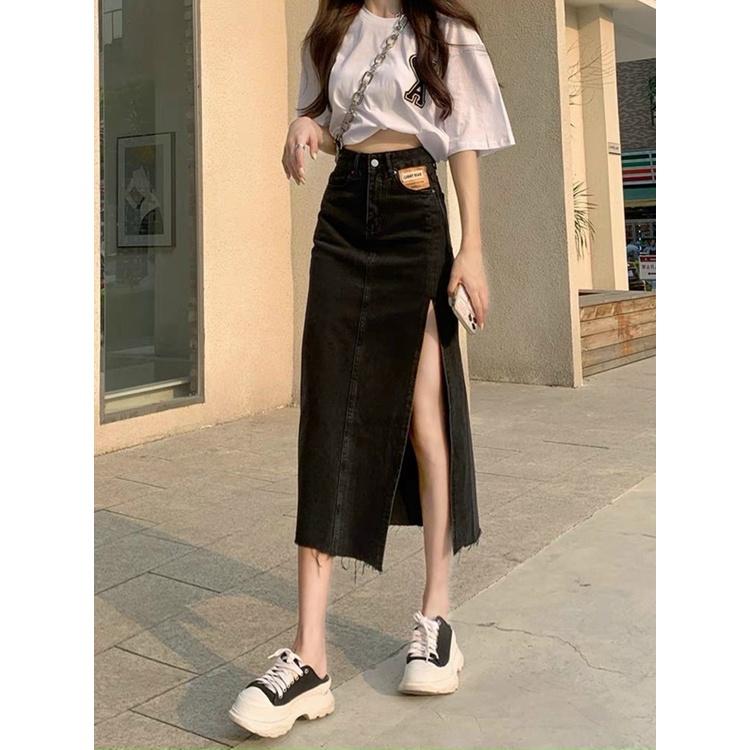 Chân váy jean xẻ đùi Banamo Fashion chân váy bò xẻ tà dáng dài cạp cao phong cách Ulzzang 564