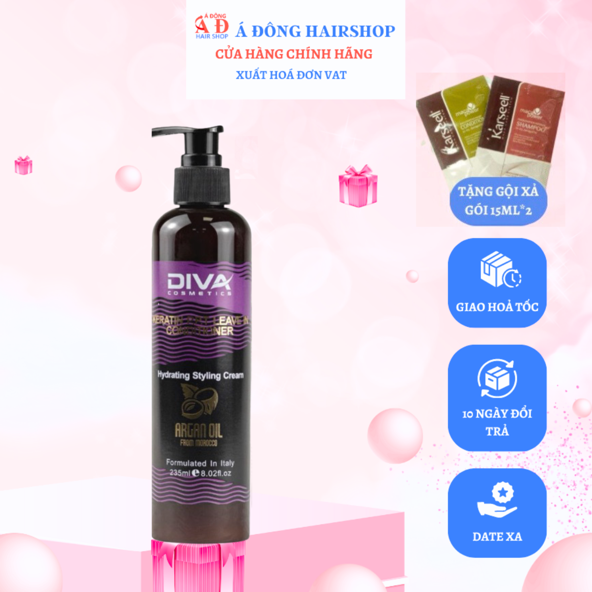 Gel giữ nếp tạo kiểu Tóc xoăn dưỡng ẩm Keratin Diva Argan Oil 235ml + Gội xả gói Karseell 15ml