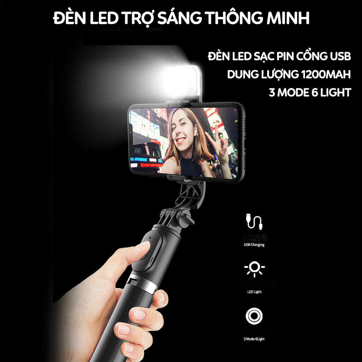 Gậy chụp ảnh 3 chân có đèn led trợ sáng Gậy tự sướng selfie chụp hình bluetooth điều khiển từ xa xoay nhiều góc độ