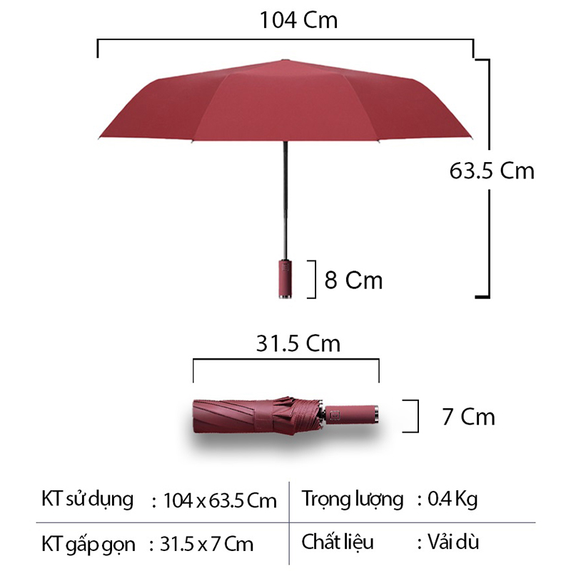 Dù che mưa, che nắng - Vải hai lớp chống thấm nước, chống tia UV - Nút bấm mở/gập tự động tiện lợi - Hàng chính hãng NIKITA