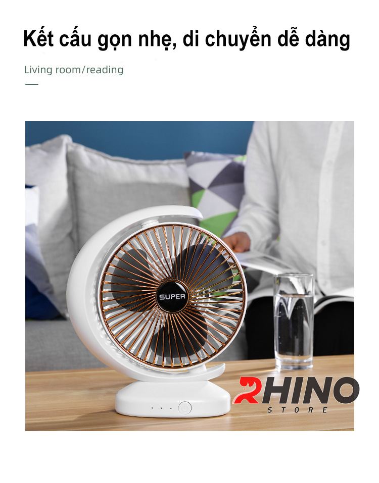 Quạt để bàn văn phòng Mini Rhino F101 tích điện 3 chế độ gió hình bán nguyệt - Hàng chính hãng