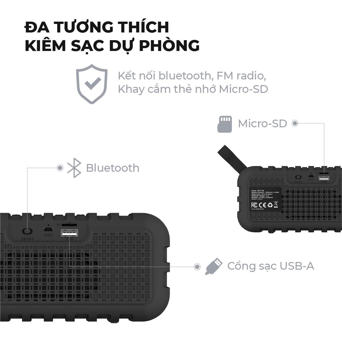 Loa Bluetooth di động Energizer BTS-106 kiêm sạc dự phòng - Kết nối bluetooth 5.0, Tích hợp micro, hỗ trợ FM radio, thẻ Micro SD, cổng sạc USB-A - HÀNG CHÍNH HÃNG