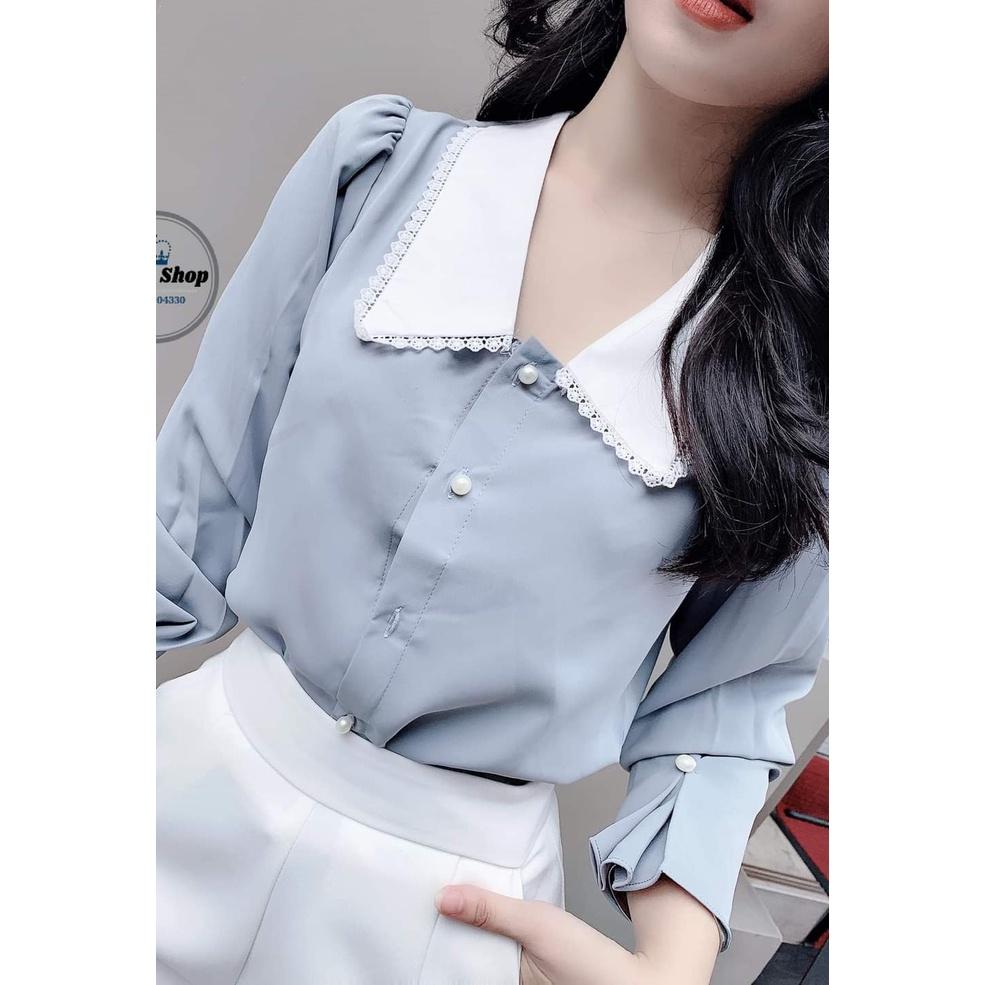 Áo sơ mi nữ công sở thời trang SURI thiết kế sang trọng,áo xanh cổ trắng có viền ren rất hiên đại.