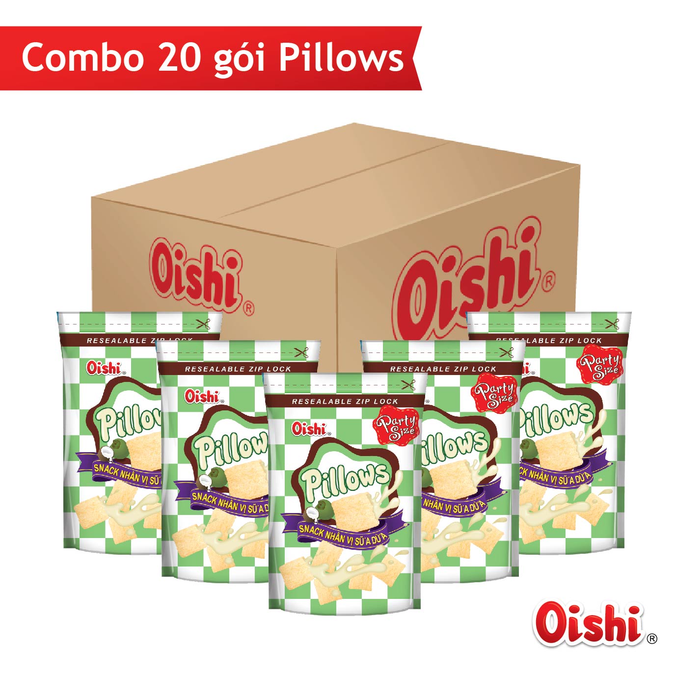 Combo 20 gói Oishi Snack Nhân Vị Sữa Dừa Pillows (100g/gói)