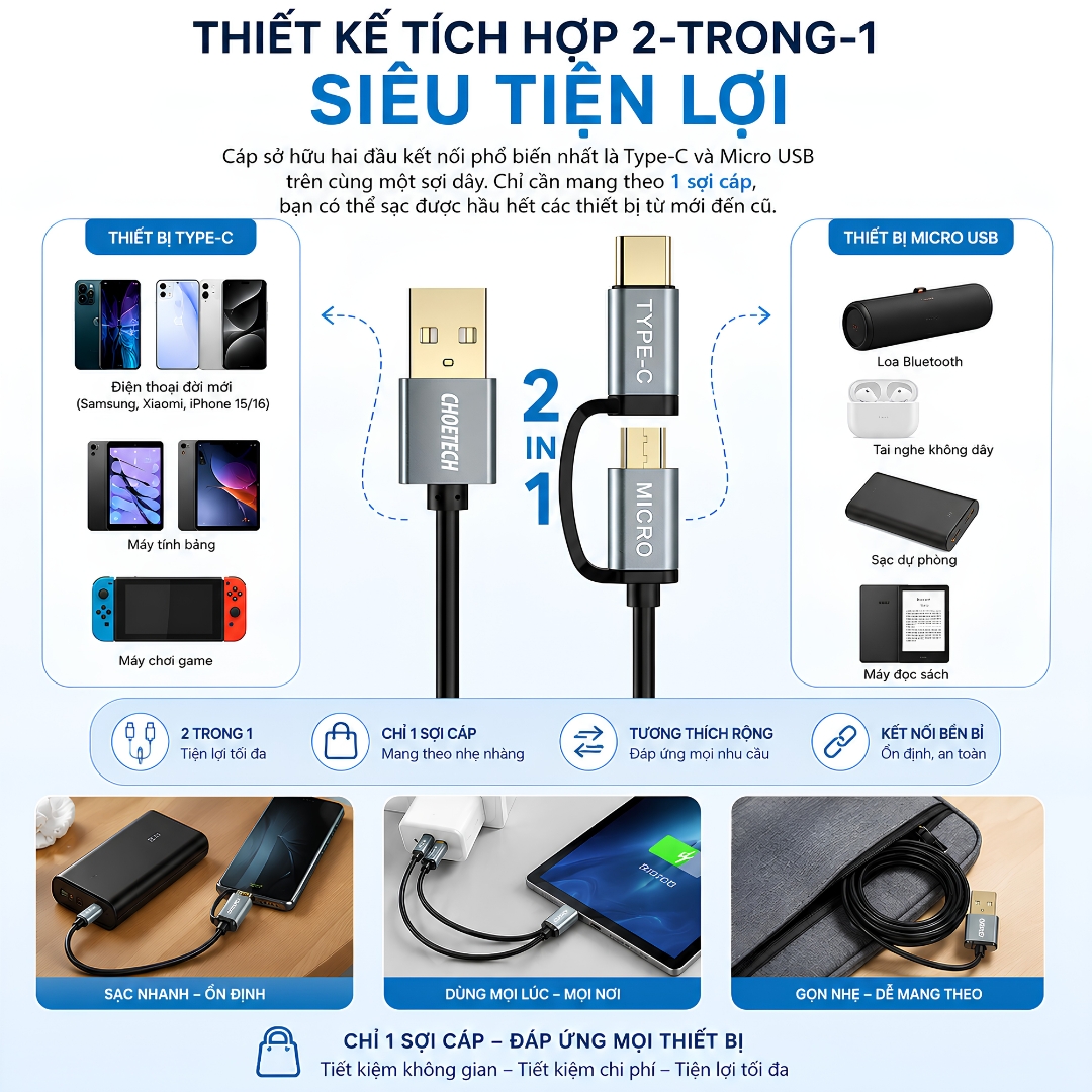 Dây sạc nhanh USB-A to Type-C + Micro USB Choetech XAC0012 Dài 120CM, Sạc Nhanh 3A, Chip Sạc Thông Minh, Truyền Dữ Liệu 480Mbps, Tương Thích Nhiều Thiết Bị - Hàng nhập khẩu