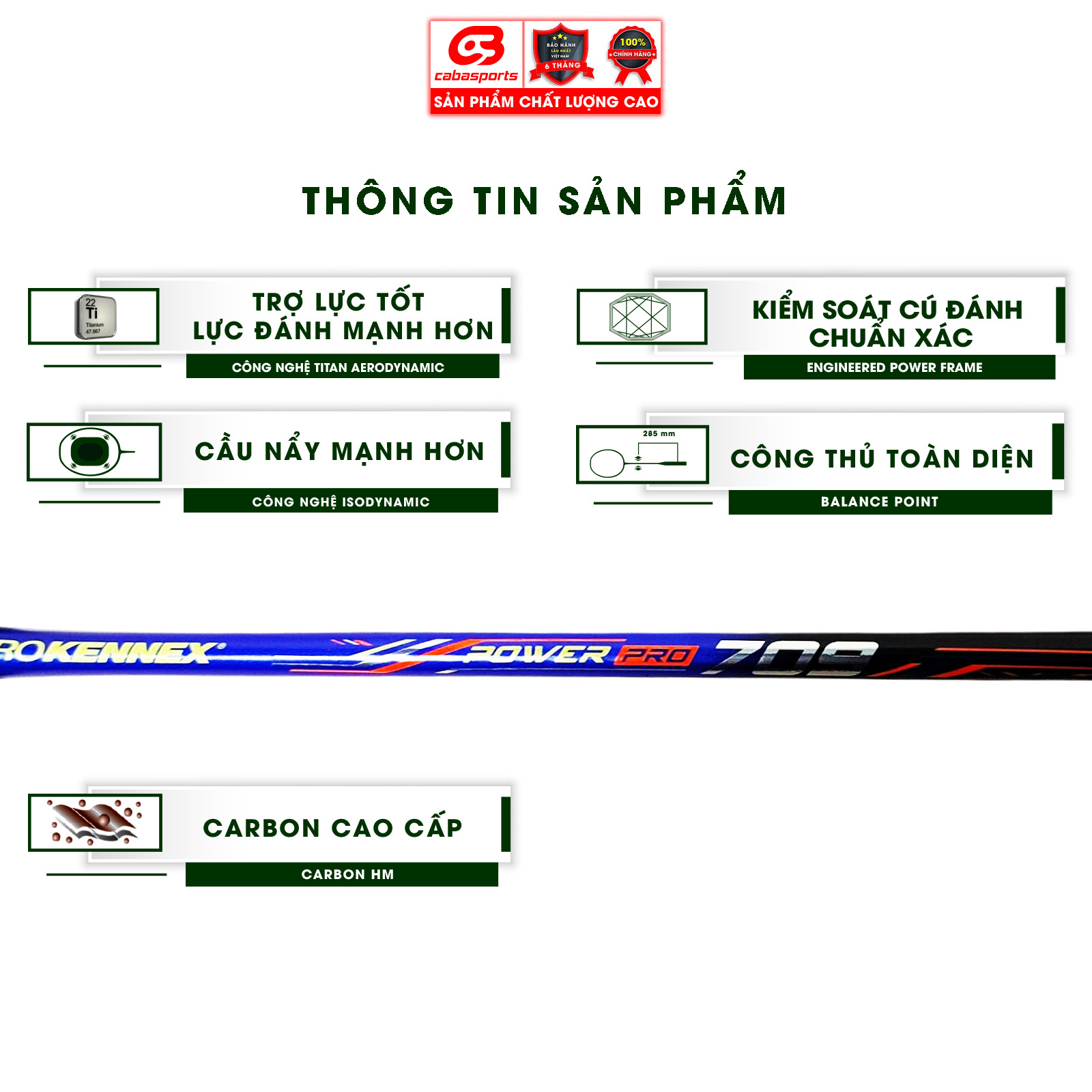 Vợt cầu lông chính hãng thể thao carbon công thủ toàn diện ProKennex Power Pro 709 (1 cây) - Chưa đan lưới