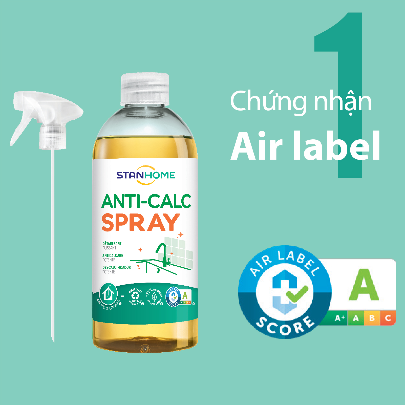 Siêu tẩy cặn canxi nước cứng cho mọi bề mặt và thiết bị trong nhà Anti Calc Stanhome tiêu chuẩn Air Label Ccore 500ml
