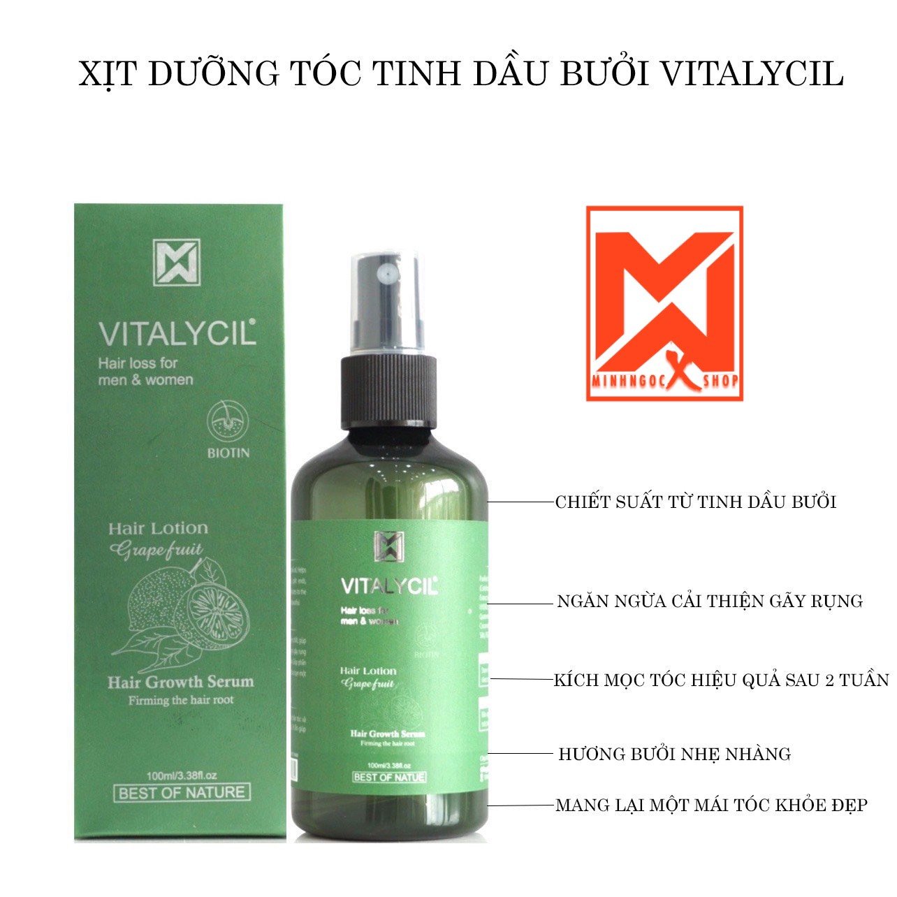 Tinh dầu bưởi, xịt dưỡng tóc tinh dầu bưởi VITALYCIL 100ml, ngừa rụng kích mọc tóc