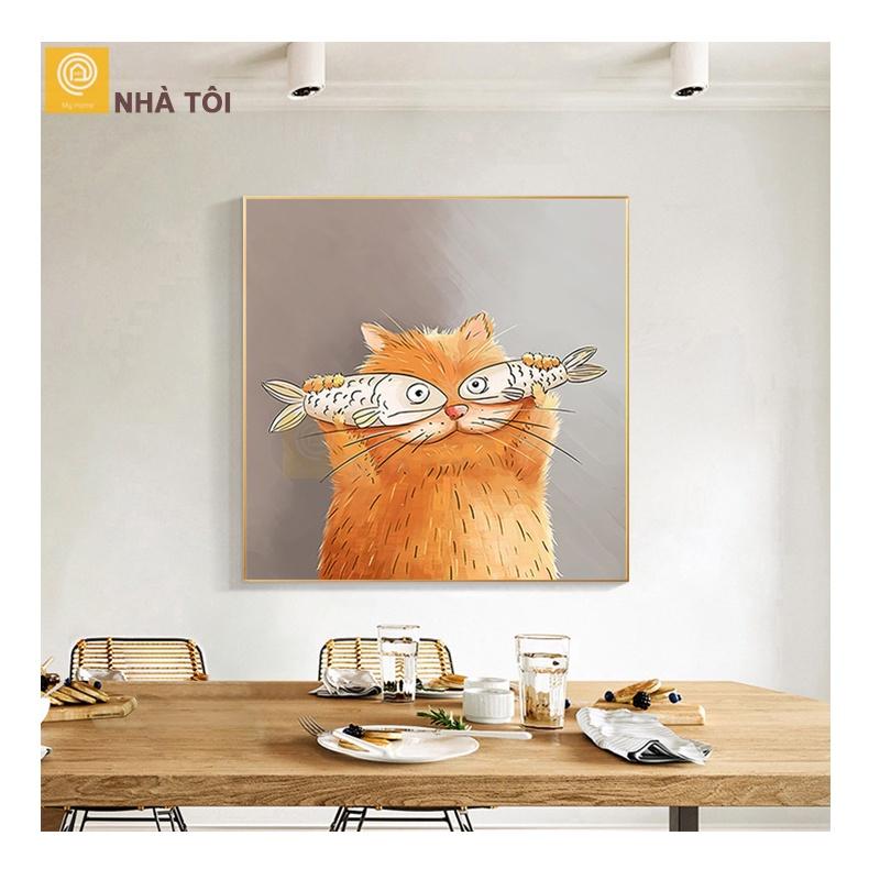 Tranh canvas, mèo ăn cá, treo tường trang trí nhà cửa