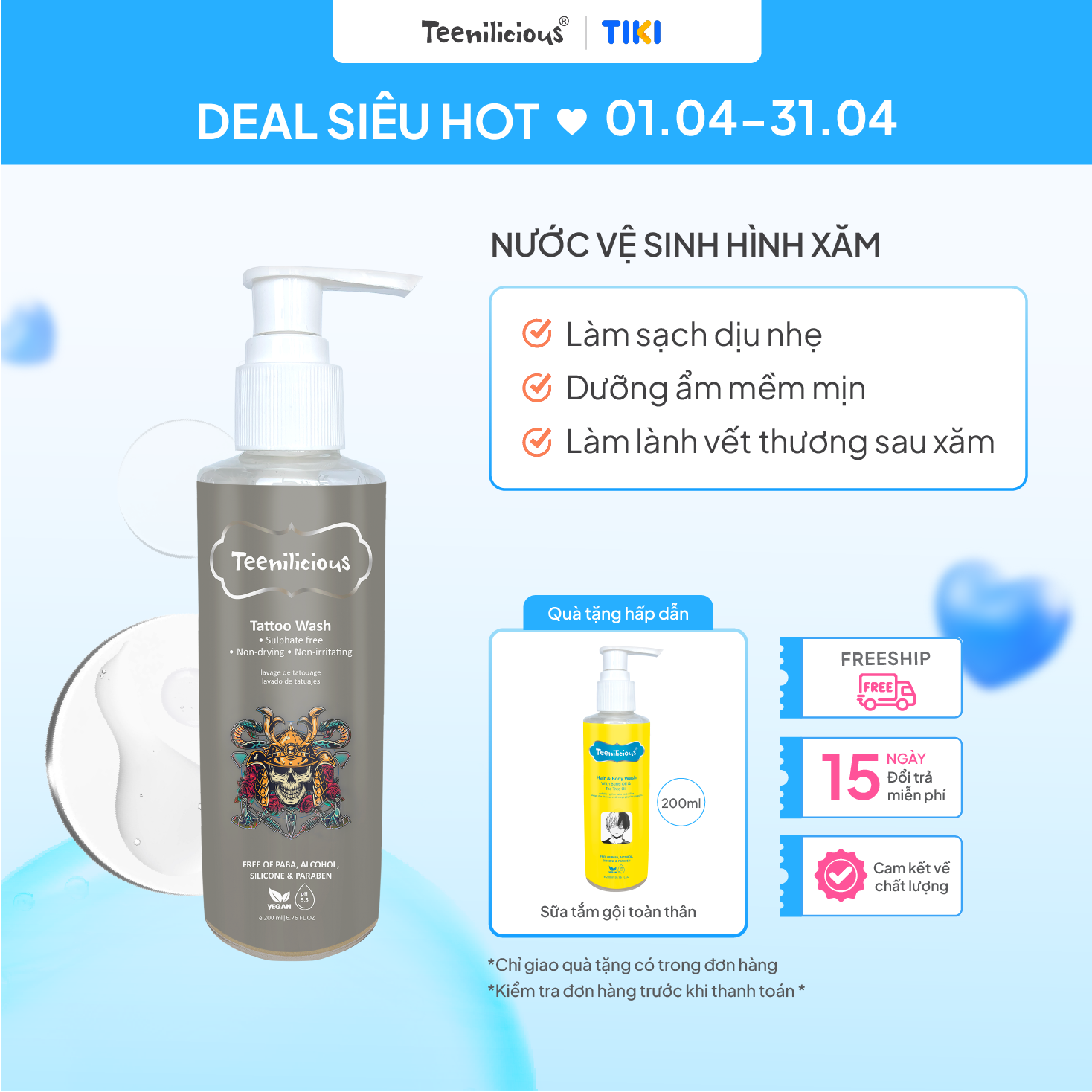 Nước Vệ Sinh Hình Xăm Teenilicious Tattoo Wash Giúp Làm Sạch Dịu Nhẹ, Dưỡng Ẩm Mềm Mịn Da Xăm 200ml