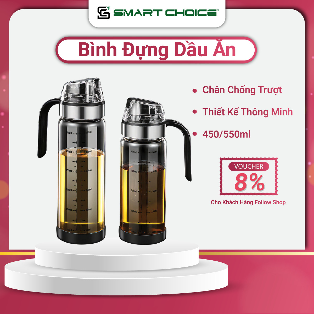 Bình Đựng Dầu Ăn Thủy Tinh SMARTCHOICE Cao Cấp, Chai Đựng Dầu Ăn, Nước Mắm Có Nắp Mở Tự Động ( Không Đế + Đế Lót Sillicon ) 450ml + 550ml - Hàng Chính Hãng