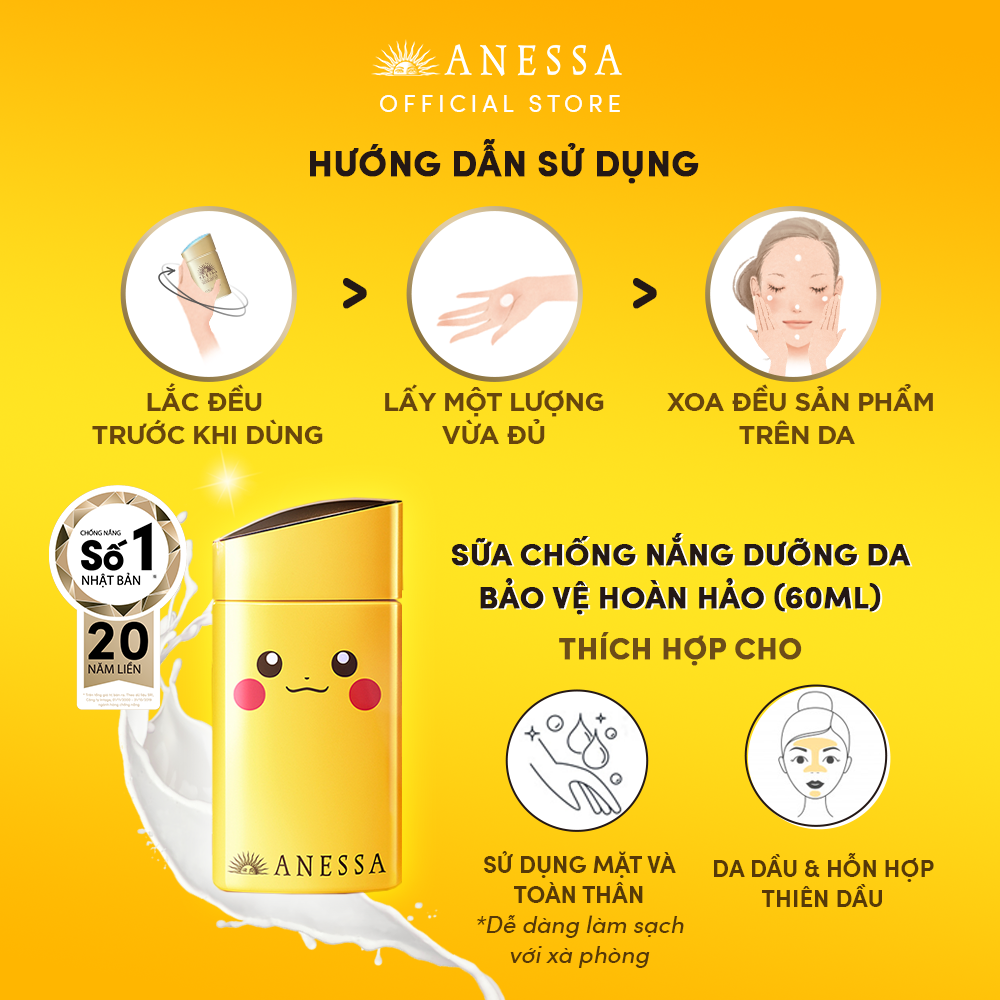 [PHIÊN BẢN GIỚI HẠN POKEMON] Kem chống nắng dạng sữa dưỡng da bảo vệ hoàn hảo Anessa Perfect UV Sunscreen Skincare Milk SPF 50+ 60ml