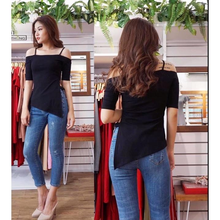 F673 Áo thun ôm body trễ vai 2 dây tay lỡ