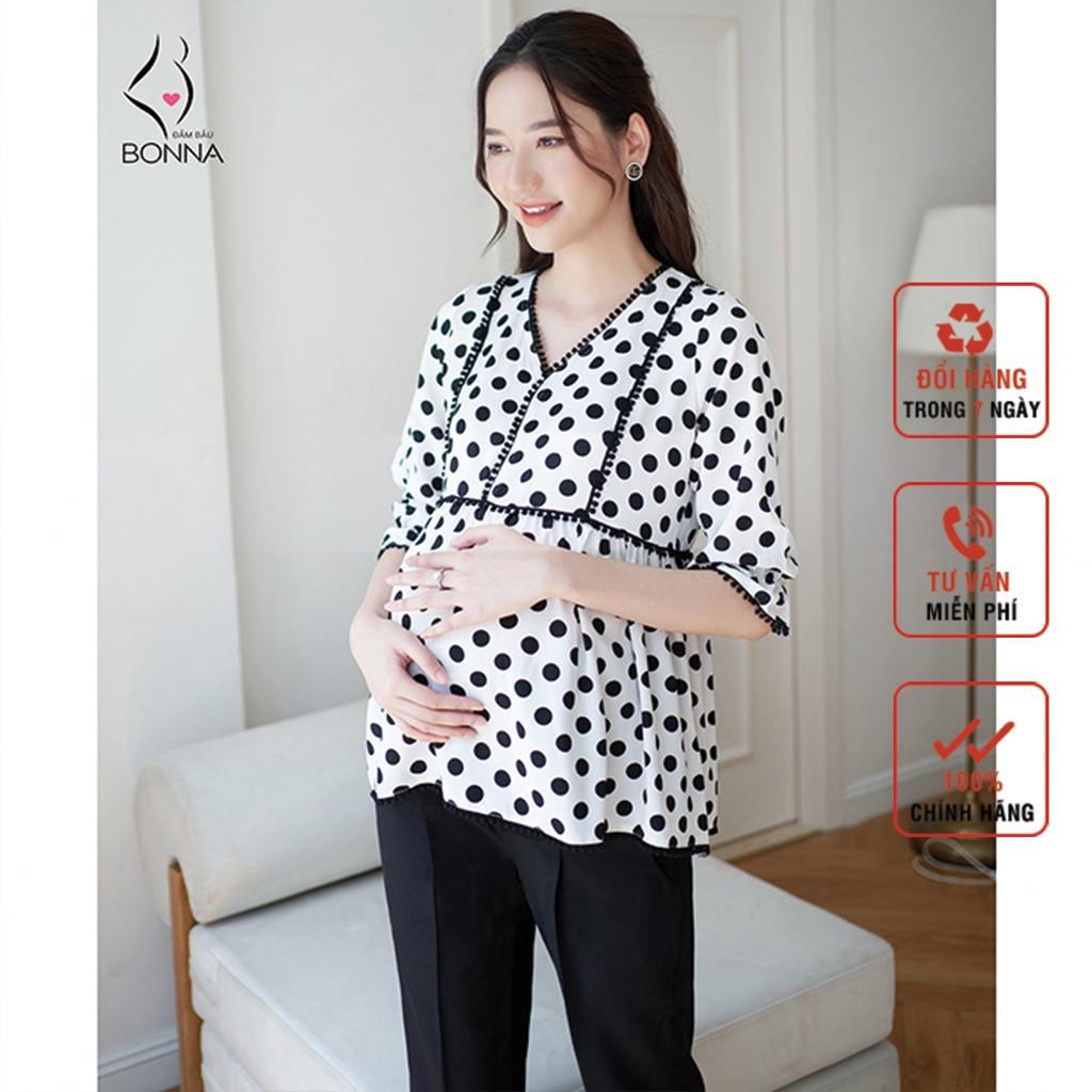 Áo bầu dáng babydoll BONNA chất liệu đũi cao cấp thoáng mát, nhẹ tênh cùng họa tiết chấm bi thanh lịch, nhã nhặn K08