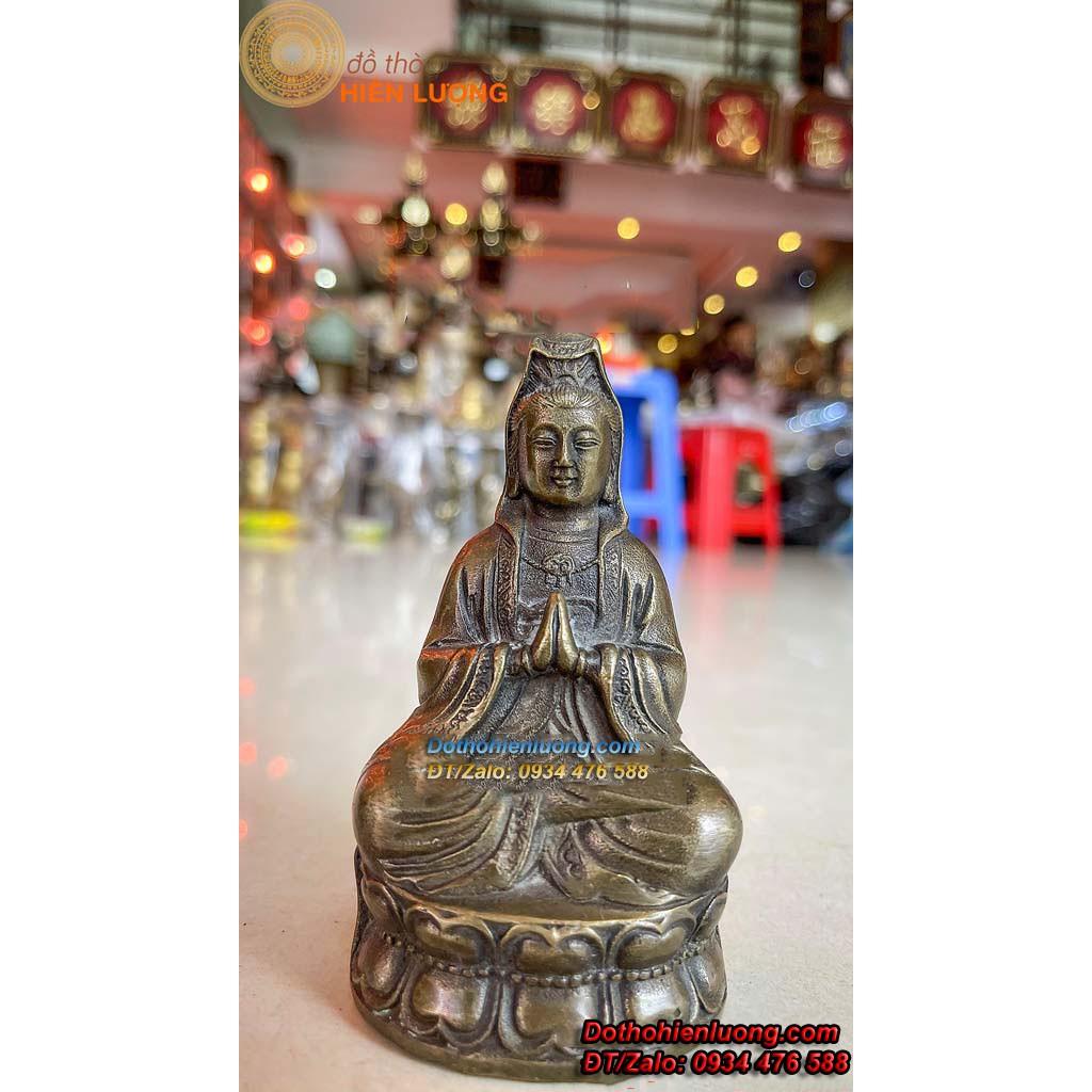 Tượng Phật Quan Âm Ngồi Đài Sen Bằng Đồng Vàng Màu Giả Cổ
