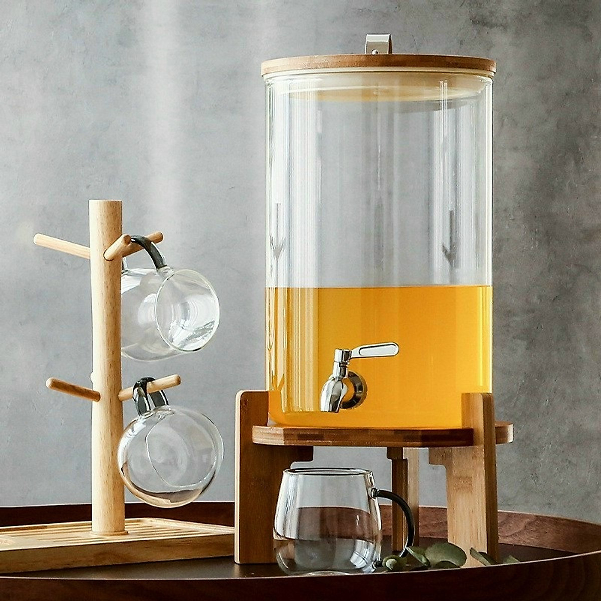 Bình Thủy Tinh Cao Cấp Có Vòi Rót Kèm Kệ Gỗ Sang Trọng