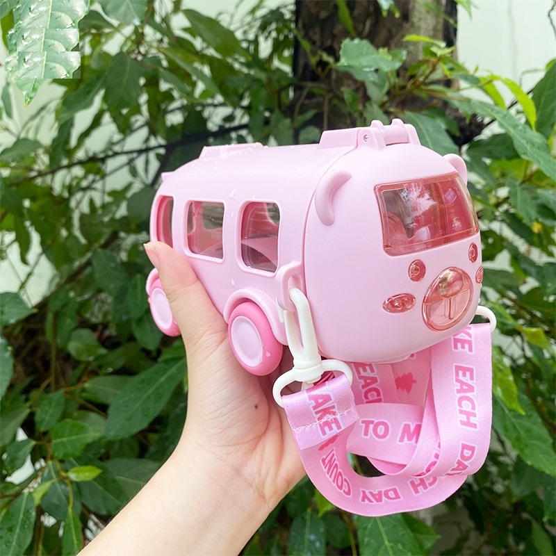 Bình nước sippy hình xe gấu có quai đeo Cool cute bus 500ML, Cốc nước chống rò rỉ di động, Bình lọ chai nước lõi Tritan bọc nhựa cách nhiệt, quà tặng học sinh