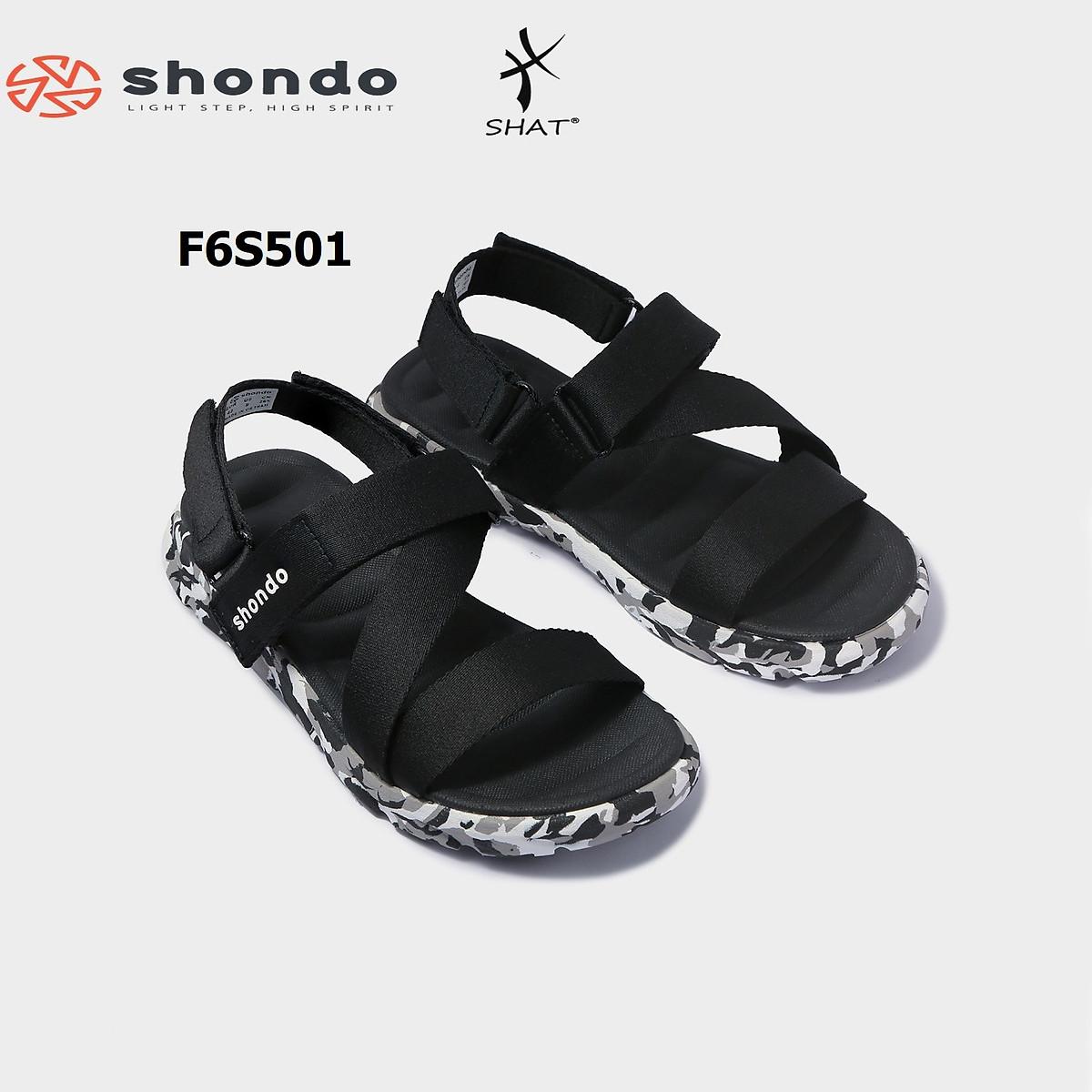 Giày sandal Shondo nam nữ đi học đế bằng camo đen full F6S501