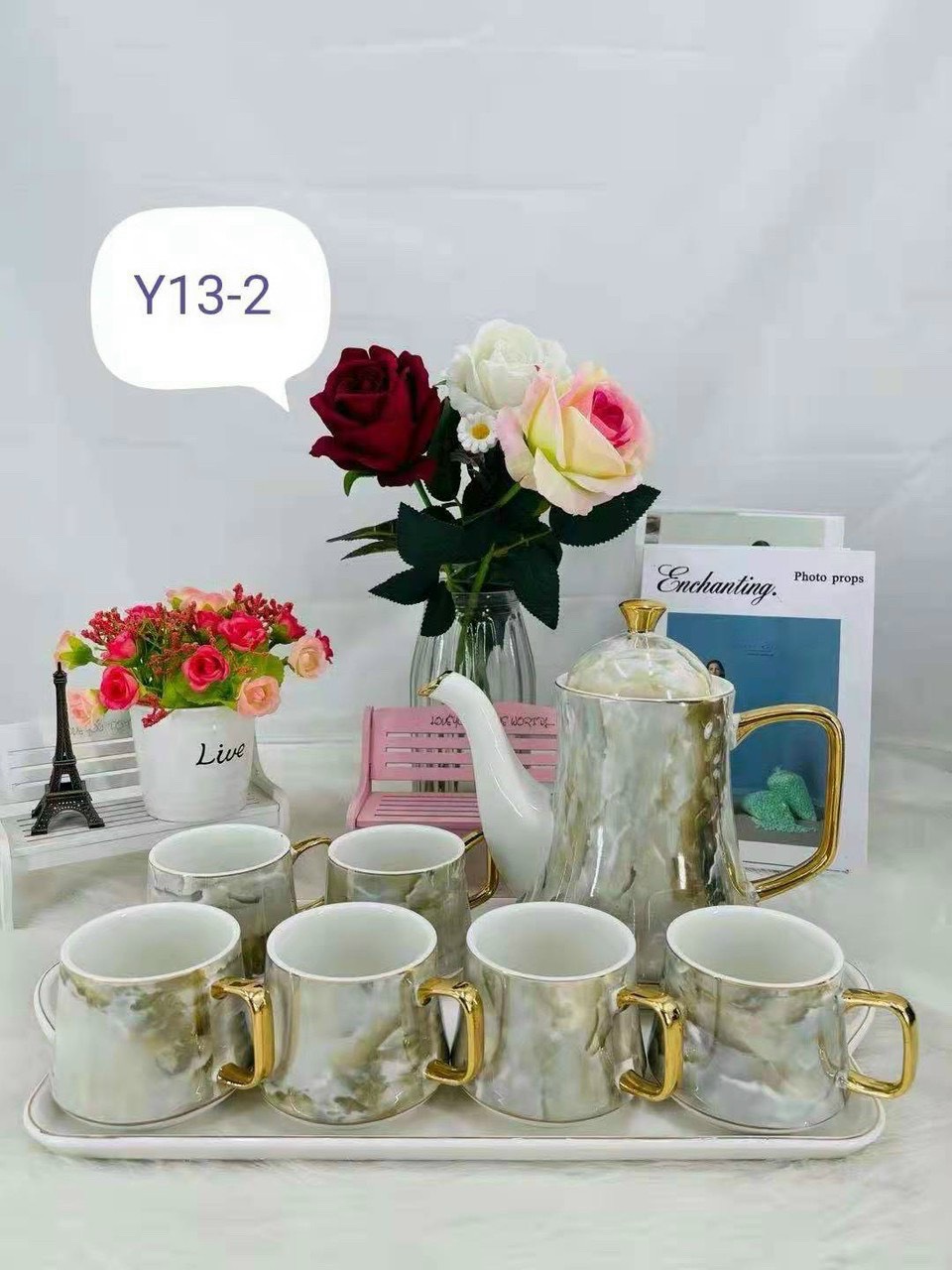 BỘ ẤM CHÉN KÈM KHAY SỨ XƯƠNG CAO CẤP VÂN ĐÁ PHA TRÀ CÀ PHÊ PHONG CÁCH CHÂU