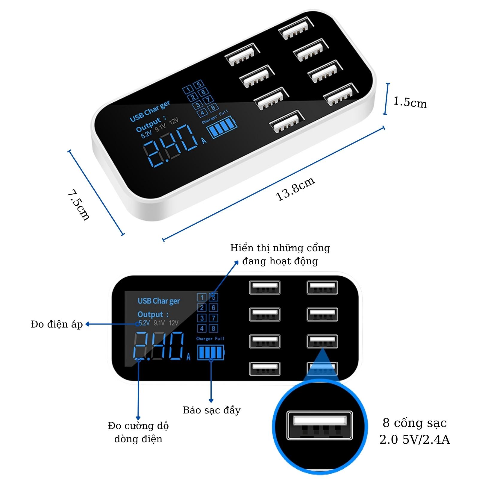 Ổ cắm 8 cổng sạc USB siêu nhỏ, sạc đa năng A9D