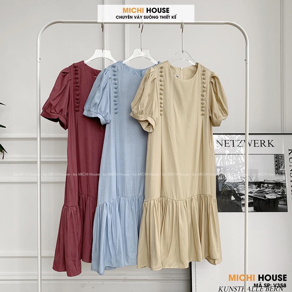 Đầm Suông Đuôi Cá Ngắn Tay Đính Cúc MICHI House V358 Váy Suông Lụa Tơ Mềm Mát Freesize