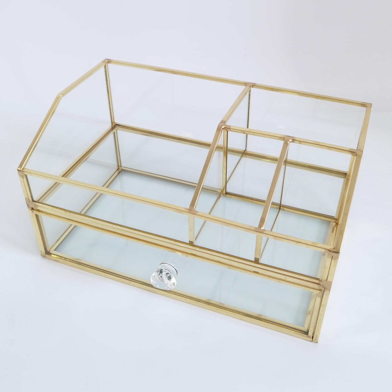 Clear Glass Jewelry Organizer Box - Golden Metal Keepsake Box Jewelry Organizer Holder, Wedding Birthday Gift, Vanity Decorative Case for Dresser
