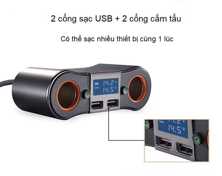 Bộ chia tẩu sạc thông minh trên ô tô đa năng 2 cổng USB -2 cổng cắm tẩu tiện lợi ZNB02 (Tặng 2 nút kẹp giữ dây điện -màu ngẫu nhiên)