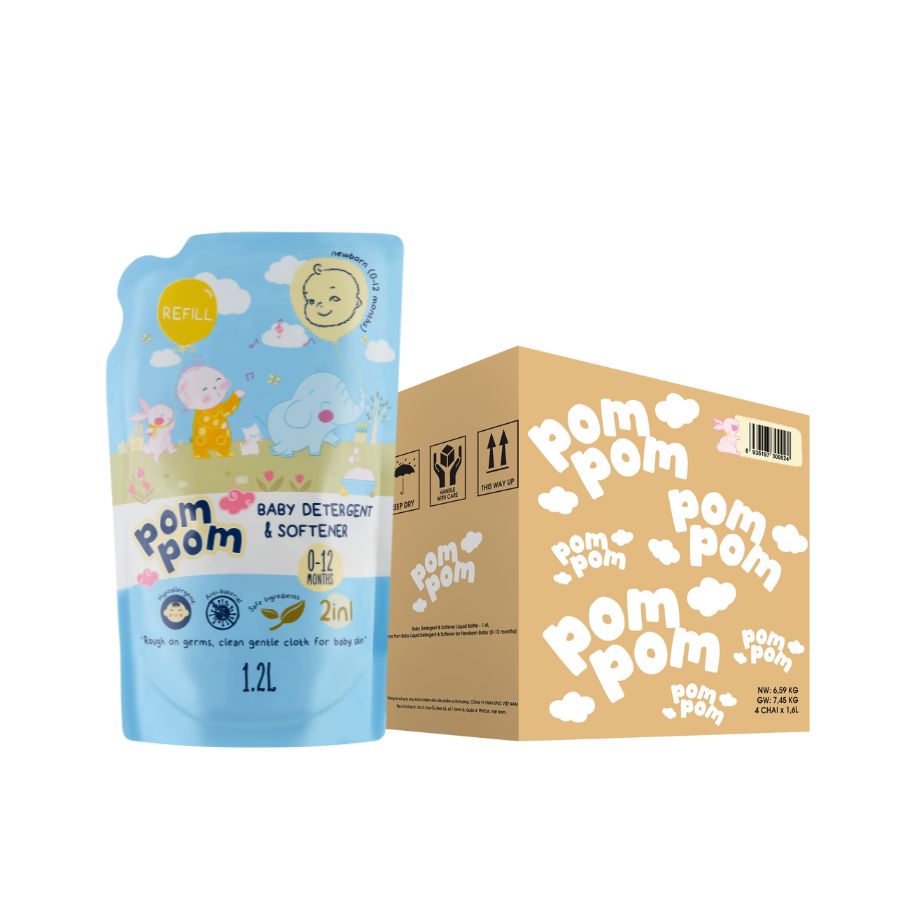 Thùng 4 Túi 1.2L Nước Giặt Xả Pom Pom Newborn Cho Bé Từ 0-12 Tháng Tuổi