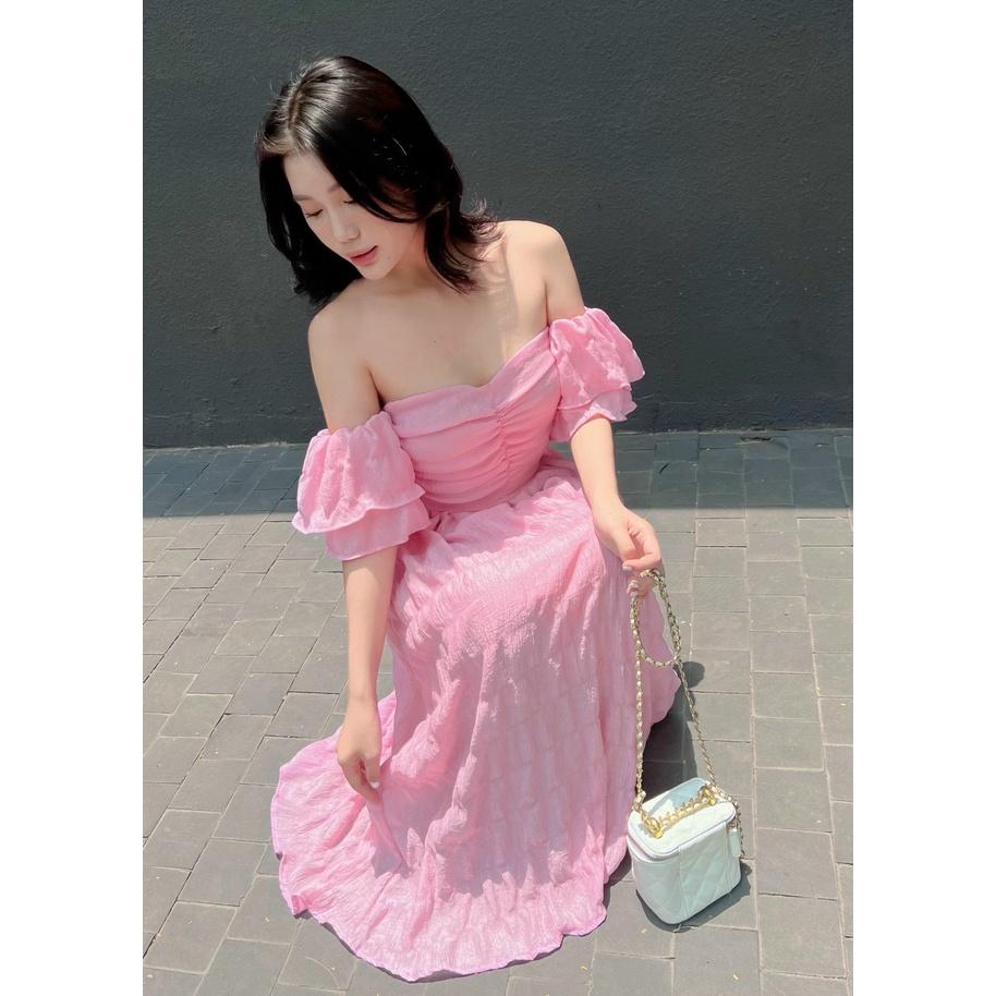 Váy đầm nữ maxi dáng xòe cúp ngực trễ vai thích hợp mặc đi tiệc đi chơi